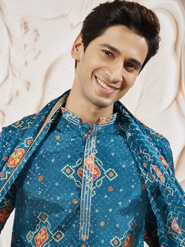 Image of VASTRAMAY Men Men's Turquoise Chinon Kurta Pyjama And Dupatta Set For Men.