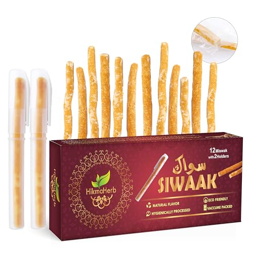 HikmaHerb Pack of 12 Miswak Sticks with 2 Holders -...