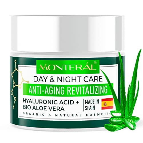 Crema Antiarrugas con Ácido Hialurónico - Hecho en España - Crema Facial Antiedad Hidratante Vegano con Aloe Vera y Vitamina E con Ingredientes Orgánicos para Día y Noche MONTERAL