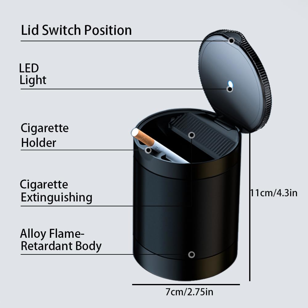 Ashtray with Lid Smell Proof,Smokeless Ashtray for Cup Holder,Cigar Ash Tray,Detachable Stainless Steel Car Ash Tray with LED Auto Light, for Most Car, Office, Home (Black)