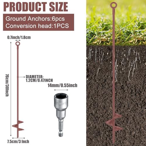 Lasnten 6 Pcs 30 Inch Long Spiral Ground Anchor Heavy Duty Blade Earth Anchor Kit Metal Anchors Hook Beach Sand Stakes Camping for Securing Animals, Shelters, Tents, Canopies (Brown) by Lasnten - Image 2