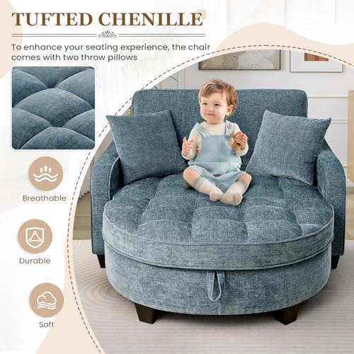 Image of Oversized Chair and A Half, Chenille Tufting Accent Cozy Reading Sofa Chair with Storage Ottoman, Upholstered Loveseat Chaise Lounge Sofa with Adjustable Back for Living Room, Office, Sunroom, Blue