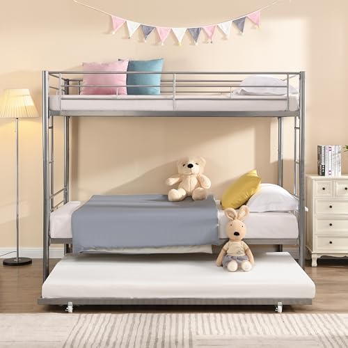 KEIKI Twin Over Twin Size Metal Detachable Bunk Bed Frame with 2 Side Ladder, Trundle and Guardrail, Modern Style Bunk Beds with Slats, No Box Spring Required, Easy Assembly, for Bedroom, Silver