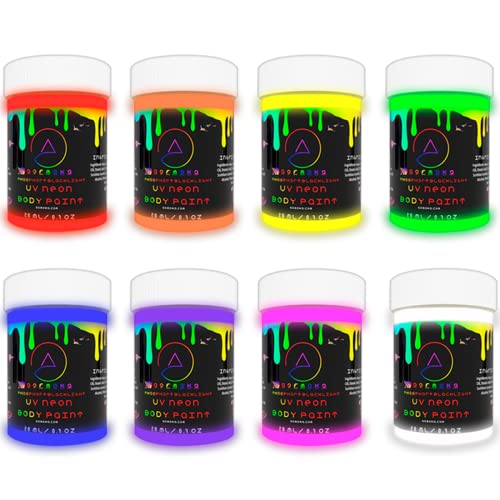 aofmoka Neon Uv Body & Face Paint Set 8 bottles x 20ml / 7oz | Neon Black Light Makeup | Fluorescent Paint Glow In The Dark Paint for Neon Party / Halloween / Christmas - Washable Paint Hypoallergenic