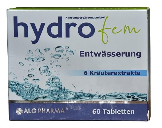 Hydrofem, Entwässerung, Stoffwechsel anregen, 60 Tabletten, 6 Kräuterextrakte u.a. Brennnessel, Goldrute, Löwenzahn, Grünen Tee, harntreibend, Feigenkaktus Extrakt, wie hydromium