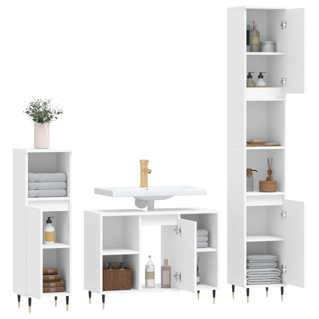 3-częściowy zestaw mebli łazienkowych, biały, materiał drewnopochodny, żelazne nogi, 80 x 33 x 60 cm, szafka pod umywalkę, odporny na wilgoć, nowoczesny design do łazienki
