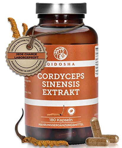 QIDOSHA® Cordyceps sinensis (CS-4) Extrakt Kapseln hochdosiert, 180 Stk, 2000 mg Chinesischer Raupenpilz Extrakt pro Tagesdosis, vegan, laborgeprueft, Cordyceps Kapseln hochdosiert Cover