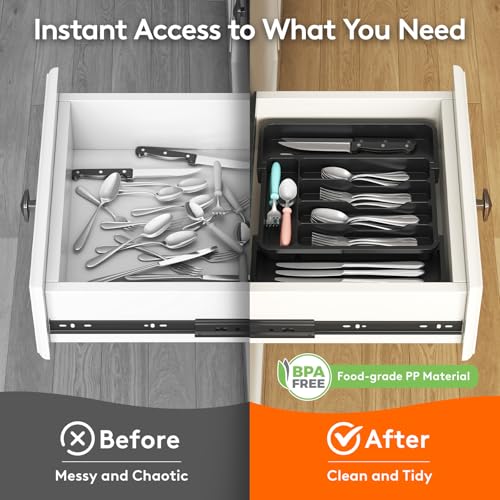 Lifewit Silverware Drawer Organizer, Expandable Utensil Tray for Kitchen, BPA Free Flatware and Cutlery Holder, Adjustable Plastic Storage for Spoons Forks Knives, 8.9-14.7 x 12.2", White - 9