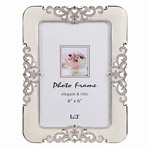 L&T Home Eternity Picture Frame Silver Metal with Ivory Enamel and Crystals 4 x 6 Inch