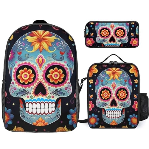 3Pcs Sugar Skulls Printed Backpack for Lightweight High-capacity Backpack With Lunch Bag Pencil Bags