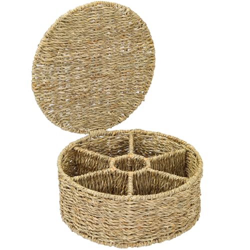 HMF Porta Tisane intrecciato da alghe marine, porta bustine the e tisane | 7 grandi Scomparti | 27 x 27 x 11 cm