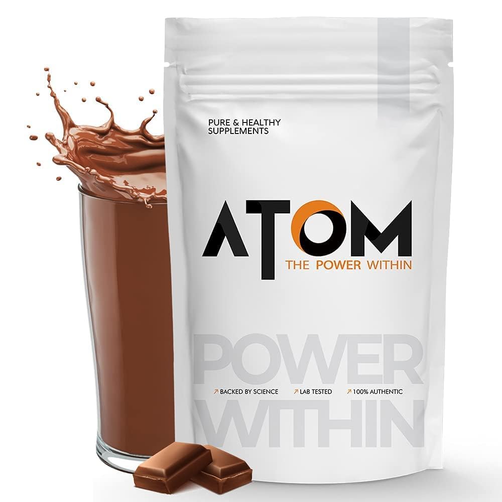 ACTIVE ARC NUTRITIONS Atom Whey Protein 1kg with Digestive Enzymes, Double Rich Chocolate, Whey Protein for Muscle Growth, Recovery, and Enhanced Performance 27g Protein, 5.7g BCAA (1 Kg)