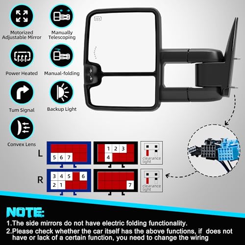Image of WHALEMOTOR Smoked Heated Tow Mirrors Compatible with 2003-2006 Chevy Silverado GMC Sierra 1500 2500 3500, Extended Trailer Towing Side Mirror w /Backup Light, Tahoe Suburban Avalanche Yukon Escalade