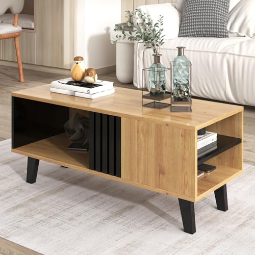KOMHTOM Table Basse Moderne en Couleur Naturelle Meuble de Salon, Table Basse Coffre avec 3 Compartiments de Rangement Petite Table pour Salon Chambre (D)