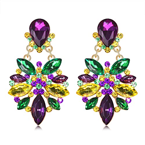 Mardi Gras Earrings for Women Multi Marquise Stone Flower Teardrop Dangle Earrings Carnival Holiday Earrings Fat Tuesday Festive Party Jewelry Gifts
