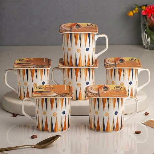 Image of U.P.C. Premium Bone China Ceramic Coffee Mug Set of 6 with 6 Coasters | Designer Tea & Coffee Cups |Printed Ceramic Mug Set | Tea Cups for Home,Office (Coffee-Mug-Mahak-1004.)
