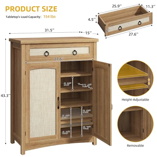 DWVO 5-Tier Rattan Shoe Storage Cabinet, Farmhouse Shoes Rack Cabinet with Adjustable Shelf, 43" Tall Wood Shoe Organizer with Drawer & Doors for Entryway Hallway Living Room Closet (Oak)