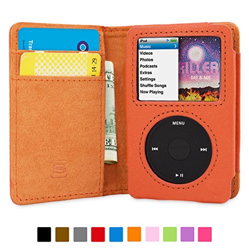 iPod Classic Case, Snugg Orange Leather Flip Case [Card Slots] Executive Apple iPod Classic Wallet Case Cover and Stand - Legacy Series