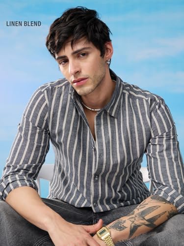 Image of The Souled Store Cotton Linen Stripes: Azure Men and Boys Long Sleeves Collared Neck Button Front Regular Fit Cotton Linen Shirts