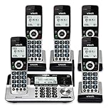 VTech VS113-5 Extended Range 5 Handset Cordless Phone for Home with Call Blocking, Connect to Cell Bluetooth, 2" Backlit Screen, Big Buttons, and Answering System, Silver & Black