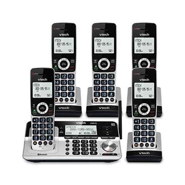 VTech VS113-5 Extended Range 5 Handset Cordless Phone for Home with Call Blocking, Connect to Cell Bluetooth, 2″ Backlit Screen, Big Buttons, and Answering System, Silver & Black