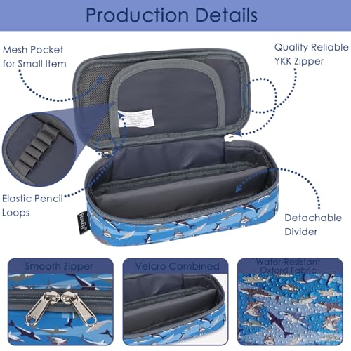 Image of FlowFly Large Capacity Pencil Case for Kids, Boys & Girls - Zippered Multi-Functional Pen Pouch, Soft & Portable Pencil Bag for School, Teens, Students, Shark