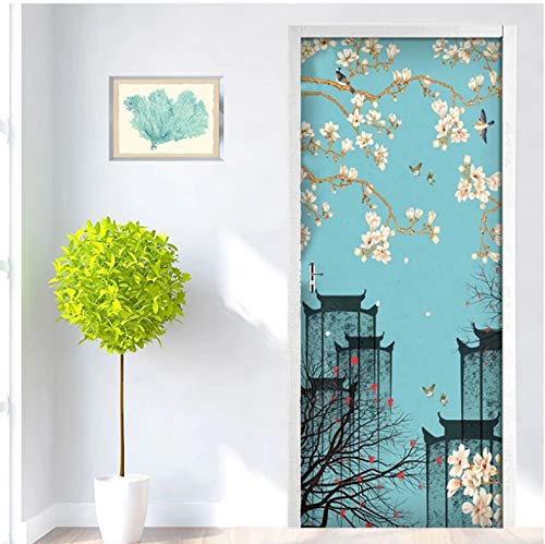 Sticker Porte Effet 3D Palais Chinois - Motif Fleur Botanique Luxueux, 77x200 Cm, PVC Amovible - 9