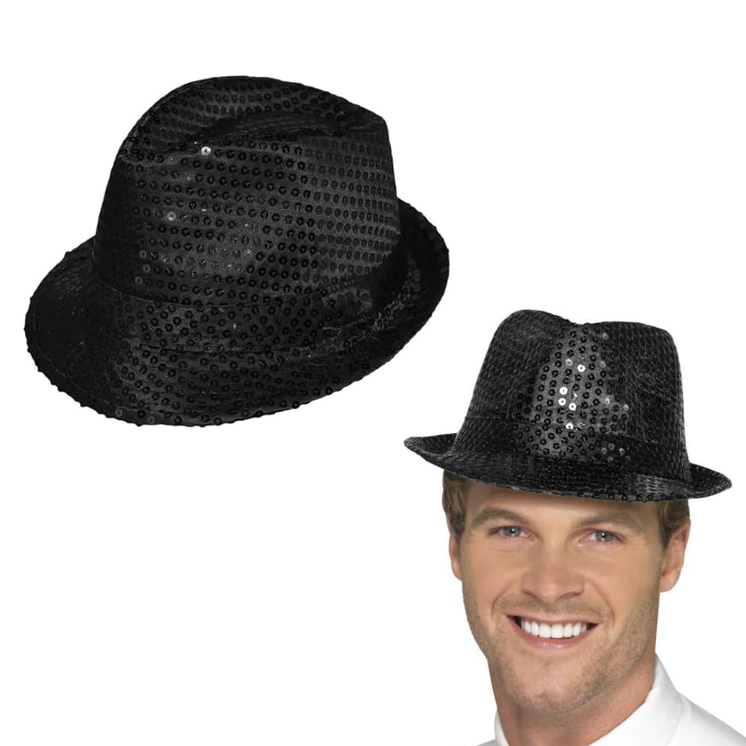 RockParty Sequin Fedora Hat Sparkly Trilby Fancy Dress Hat for Adults & Kids, Festival, Party, Dance, Stage, Rave & Costume Accessories (Black)