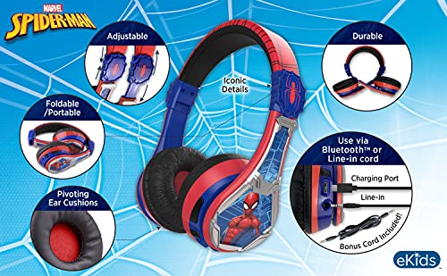 Image of eKids Spiderman Wireless Bluetooth Portable Headphones with Microphone, Volume Reduced to Protect Hearing Rechargeable Battery, Adjustable Kids Headband for School Home or Travel | Volume Reduced and Built-in Microphone