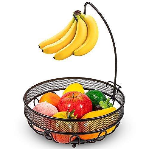 Auledio Fruit Basket Bowl with Banana Tree Hanger, Vegetables Storage Snacks holder Rack Bread Stand