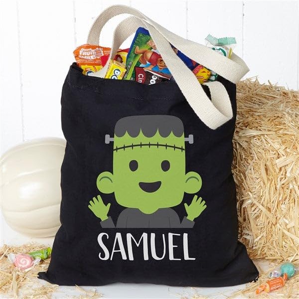Personalization Universe Trick or Treat Frankie Halloween Candy Tote Bag, 100% Cotton, Machine Washable, Personalized Trick or Treat Bag for Kids, Shopping, and Grocery, 13