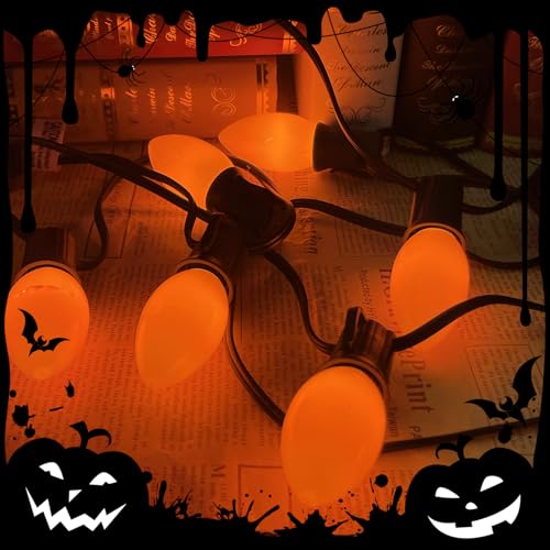 Image of C9 Halloween Orange String Lights 25Ft Outdoor Halloween Decorations String Lights with 26 Ceramic Orange Bulbs, Hanging Vintage Christmas Lights for Patio Holiday Party Fall Roofline Backyard Porch