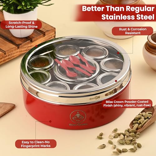 Image of 12-in-1 Stainless Steel Spice Box (Royal Red) | Masala Dabba with 8 Containers + 1 Divider (4 Sections) + 3 Spoons | Airtight Kitchen Organizer, Traditional Look