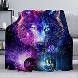 Fleece Throw Blanket 50'x60', Soft Cozy Warm Fuzzy Flannel Plush Blanket Colorful Galaxy Wolf Purple Planet Blue Earth Blanket for Couch, Sofa, Bed, Living Room