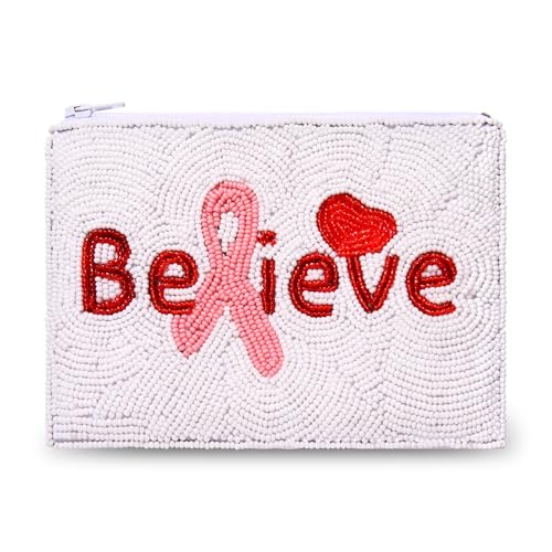 Image of Breast Cancer Awareness Beaded Coin Bag White Pink Believe Ribbon Cure Coin Purse Small Wallets Bead Clutch (Ribbon Believe)