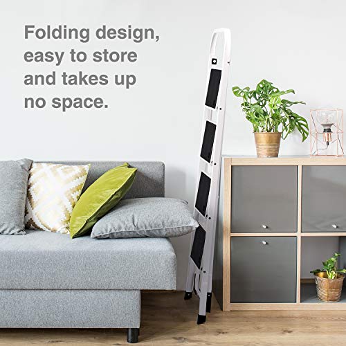 ACKO Folding 4 Step Ladder with Convenient Handgrip Anti-Slip Sturdy and Wide Pedal 300lbs Portable Steel Step Stool White and Black 4-Feet