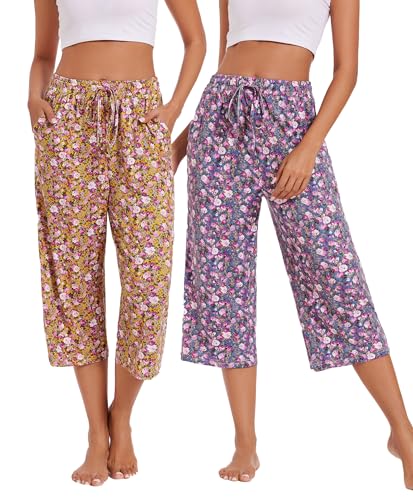 Image of Kabento 2 Pack Womens Pajama Pants Capri Sleep Lounge Pants Drawstring Pj Bottoms with Pockets