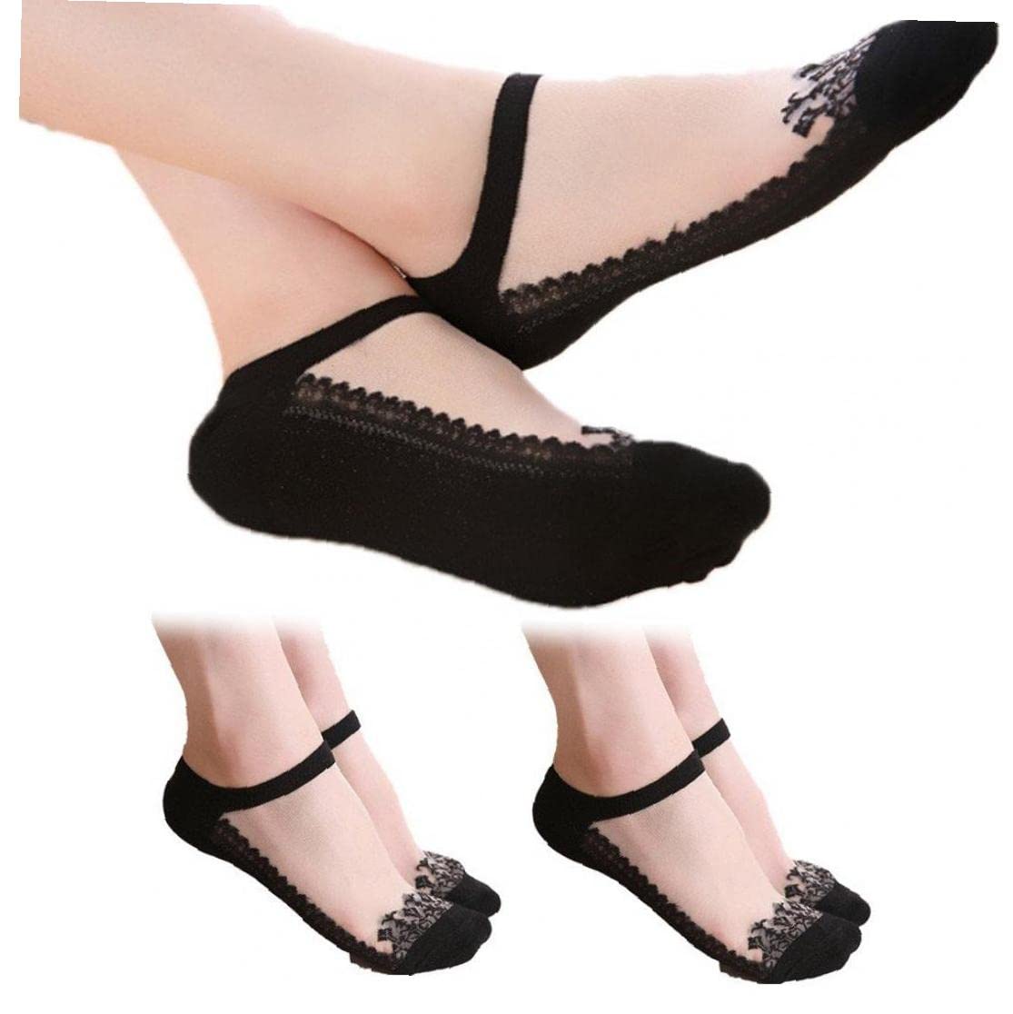 Haowul Women's Black 3 Pairs Lace Ankle Sock Soft Comfy Sheer Silk Cotton Elastic Mesh Knit Transparent Socks