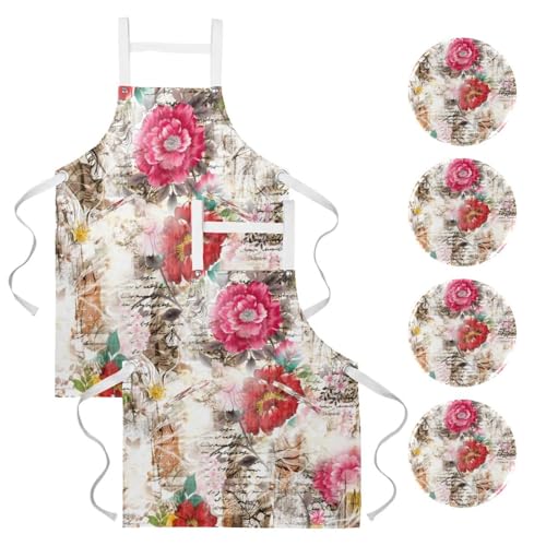 Tablier de cuisine lot de 2 imprimé fleur vive sur fond vintage multicolore avec 4 poches