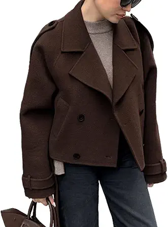 Women Crop Wool Pea Coat Lapel Collar Office Work Short Winter Jacket Trench Coat