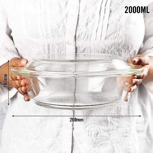 Image of CELLO Angelica Round Casserole Serving Glass Bowl with Lid for Kitchen 2000 ml, Clear | Microwave & Oven Safe, Dishwasher & Fridge Safe Leadfree Toughened Glass Roti Casserole Hot Pot Box for Mixing