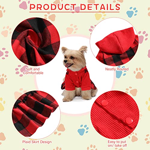 2 Pieces Christmas Knitted Plaid Dog Hoodie Dress Xmas Outfit Warm Soft Dog Sweater Skirt With Hat Winter Pet Coat Clothes With Leash Hole For Small Medium Puppy Wearing (Black White, Red Black,L) #TOP2