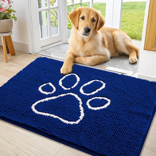 Image of Smiry Dog Door Mat for Muddy Paws, Absorbent Dirt Trapper Non Slip Quick Dry Washable Chenille Mat for Mud Dogs, Entry Rug for Indoor and Outdoor (36x24 Inches, Royal Blue and White)