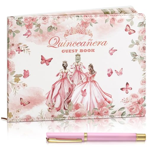 Image of MotiMind Quinceanera Guest Book with Pen 11 x 8 Inch Libro De Firmas Para 15 Anos Quinceanera Leather Hardcover Signature Book Guest Sign in for 15th Party Favors Decoration(Pink,Princess)