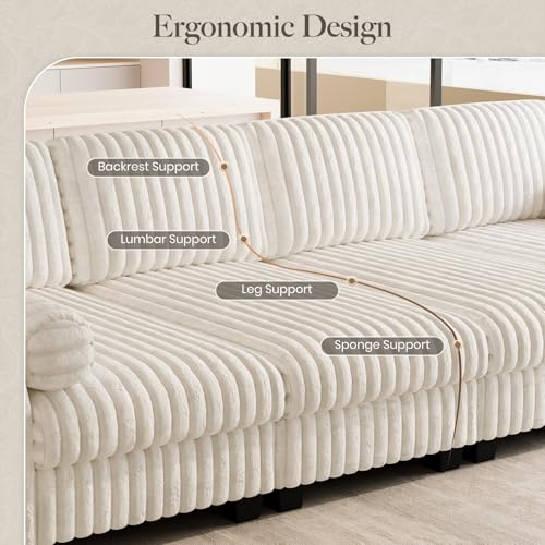 Image of Belffin Modular Sectional Sleeper Sofa Bed with Extendable Length Corduroy Couch Deep Seat Cloud Couch for Living Room. Beige Convertible Sectional Sofa Bed