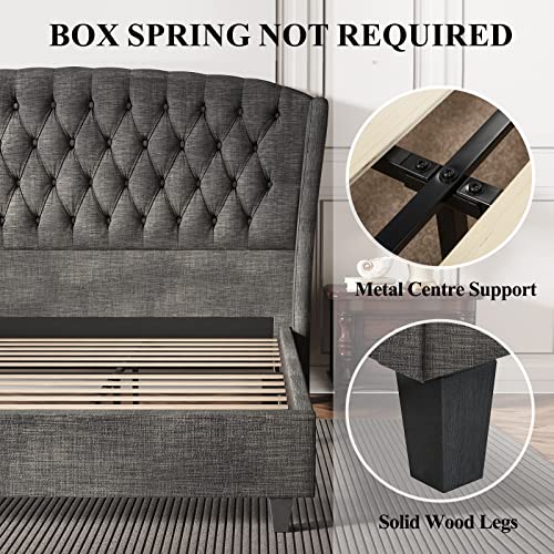 Jocisland Upholstered Bed Frame Queen Size Platform Bed Deep Button Tufted Handmade Headboard Shell Wingback/No Box Spring Needed/Wood Slats Support(Grey) #TOP5