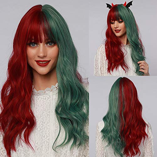 HAIRCUBE Red and Green Curly Wigs with Bangs,Long Wave Wigs for Women Natural Synthetic Wigs Cosplay Wigs