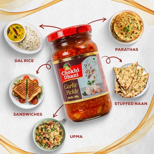 Image of Chokhi Dhani Garlic Pickle (Pack of 2, 200g Each) | Lahsun Achar | Spicy Indian Pickle with Whole Garlic Cloves | Traditional Homemade Style | Lassan ka Achar