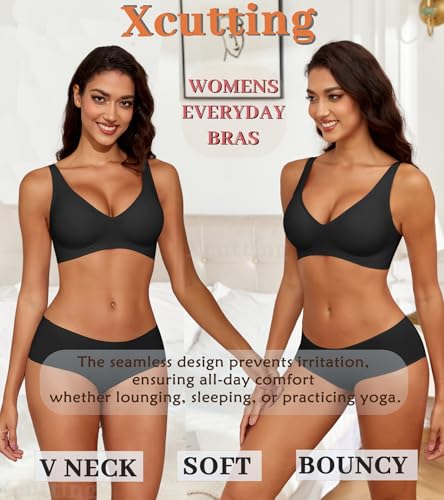 Image of Xcutting Bra for Women Wireless No Underwire Seamless Full Coverage Deep V Bralettes Everyday Comfortable Soft