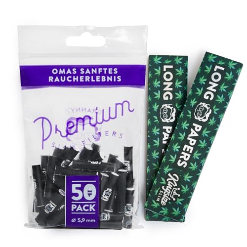 Granny's® Slim Aktivkohlefilter 50 Stück & 2x King Size Long Papers | Ø 5,9 mm Filtertips | 108 x 45 mm | Für selbstgedrehte Zigaretten